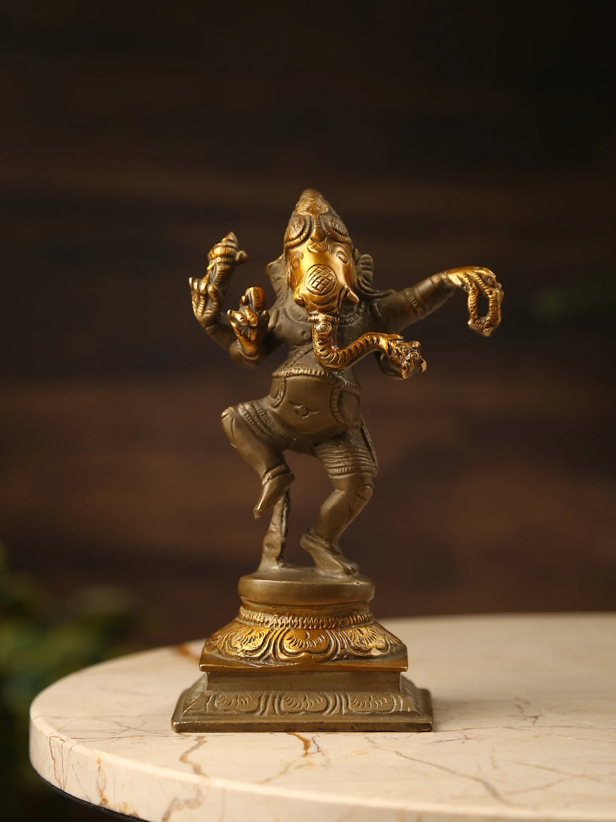 Brass Statue - Dancing Ganesh with Stone Finish Details