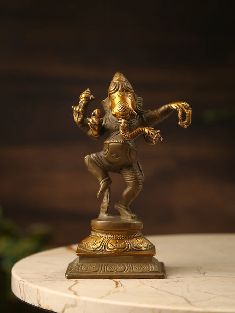 Brass Statue - Dancing Ganesh with Stone Finish Details