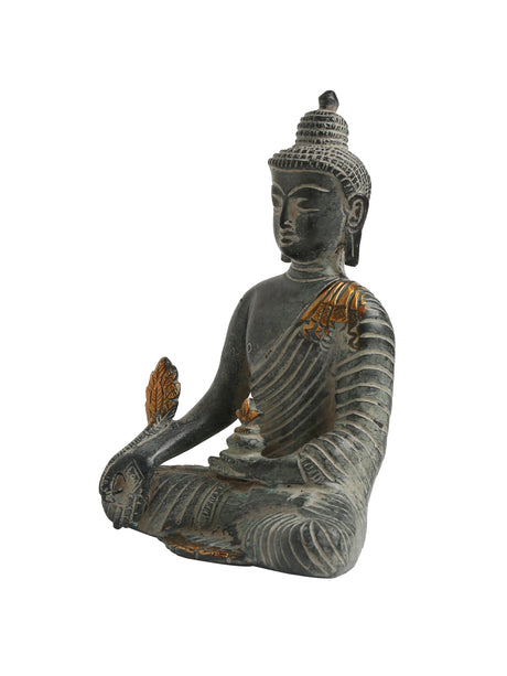 Antique brass Buddha statue in antique blue stone finish, seated in meditation pose