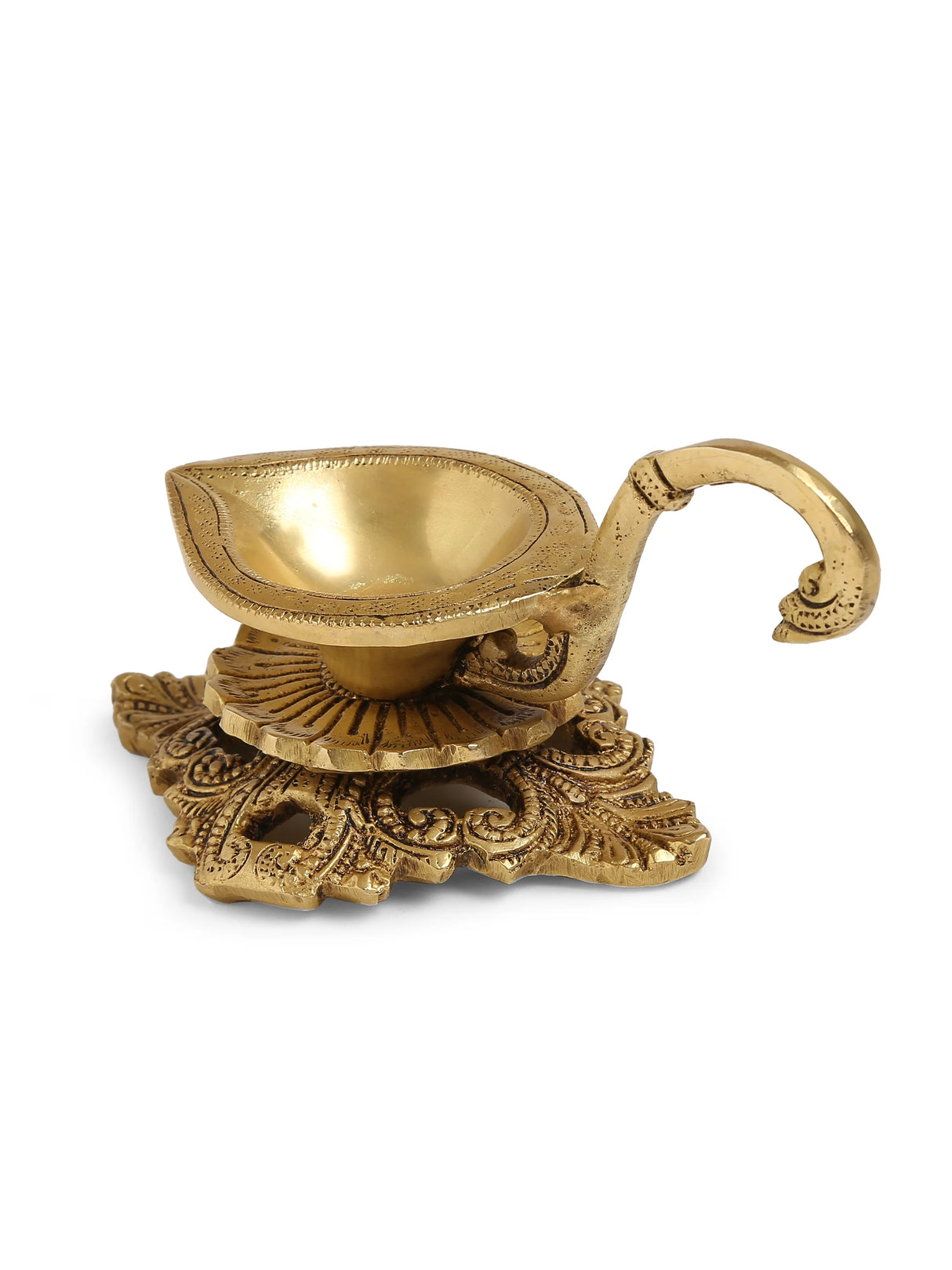 Diya - Brass Diya With Handle And Intricate Base