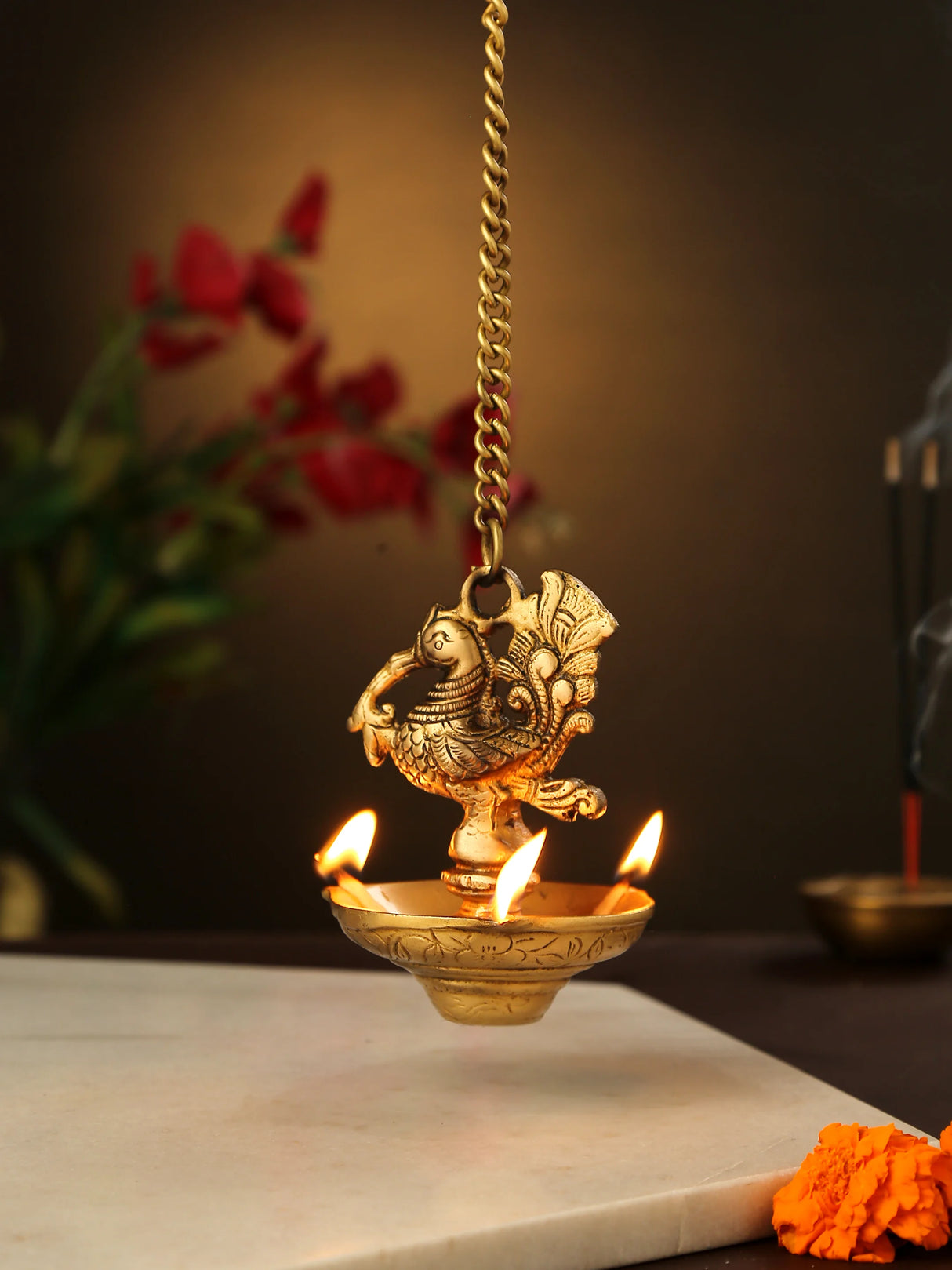 Diya - Bird Hanging Diya with three side lamp and Chain
