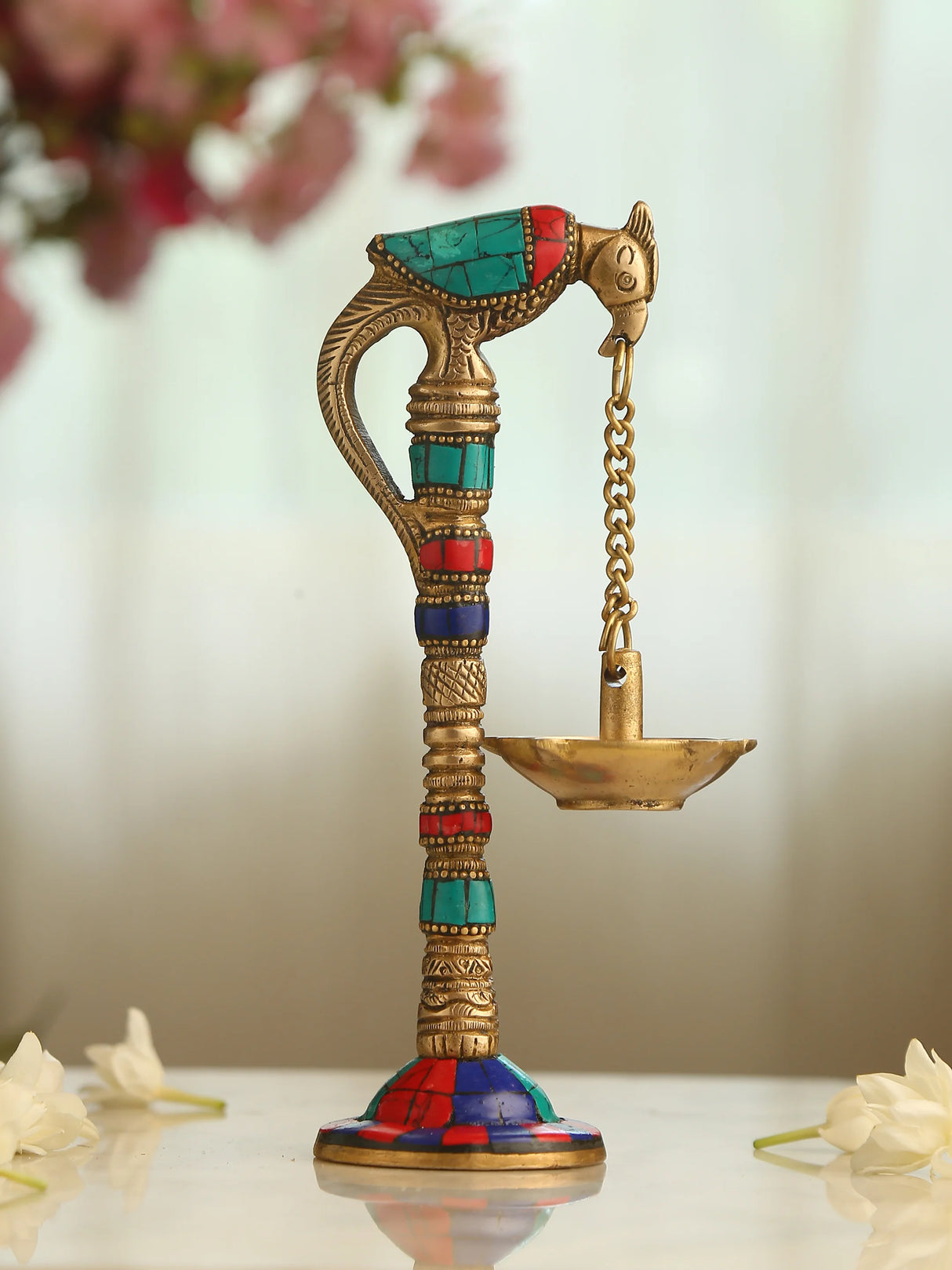 Diya - Brass Parrot Lamp With Stone Detailing