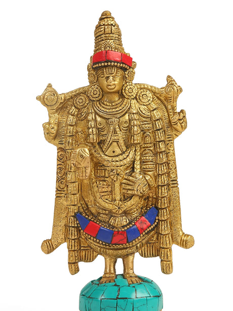 Brass Statue of Balaji with intricate stone work in turquoise and red accents