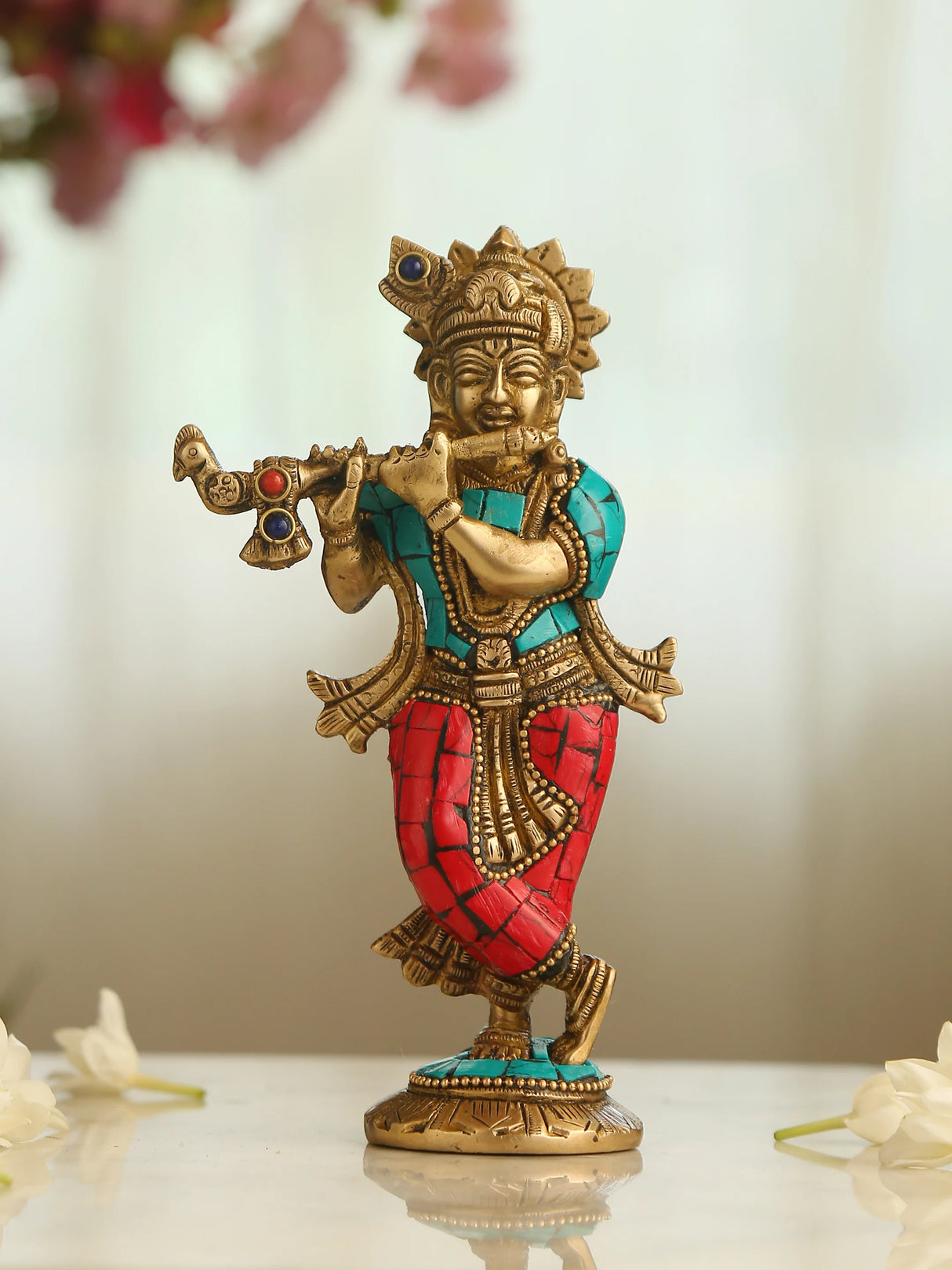 Brass Statue - Krishna with Stone work