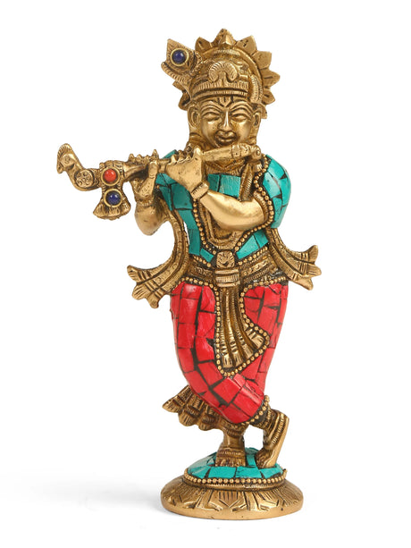 Handcrafted Brass Statue - Krishna with Stone work