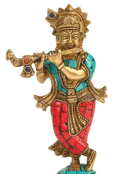 Brass Statue - Krishna with Stone work
