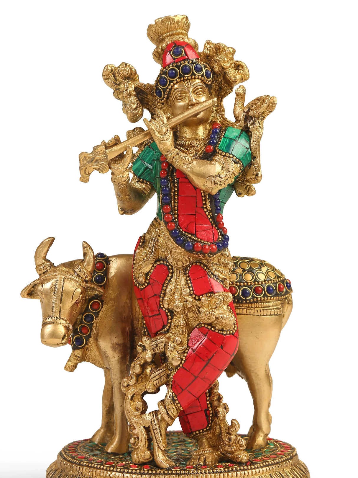 Brass Statue - Krishna with Cow in Stone Work