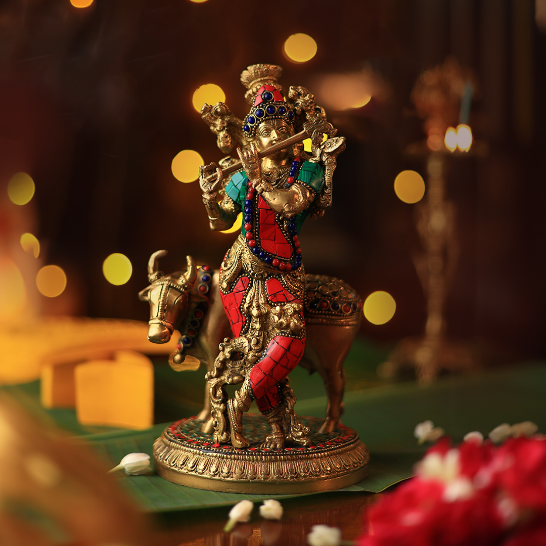 Brass Statue - Krishna with Cow in Stone Work