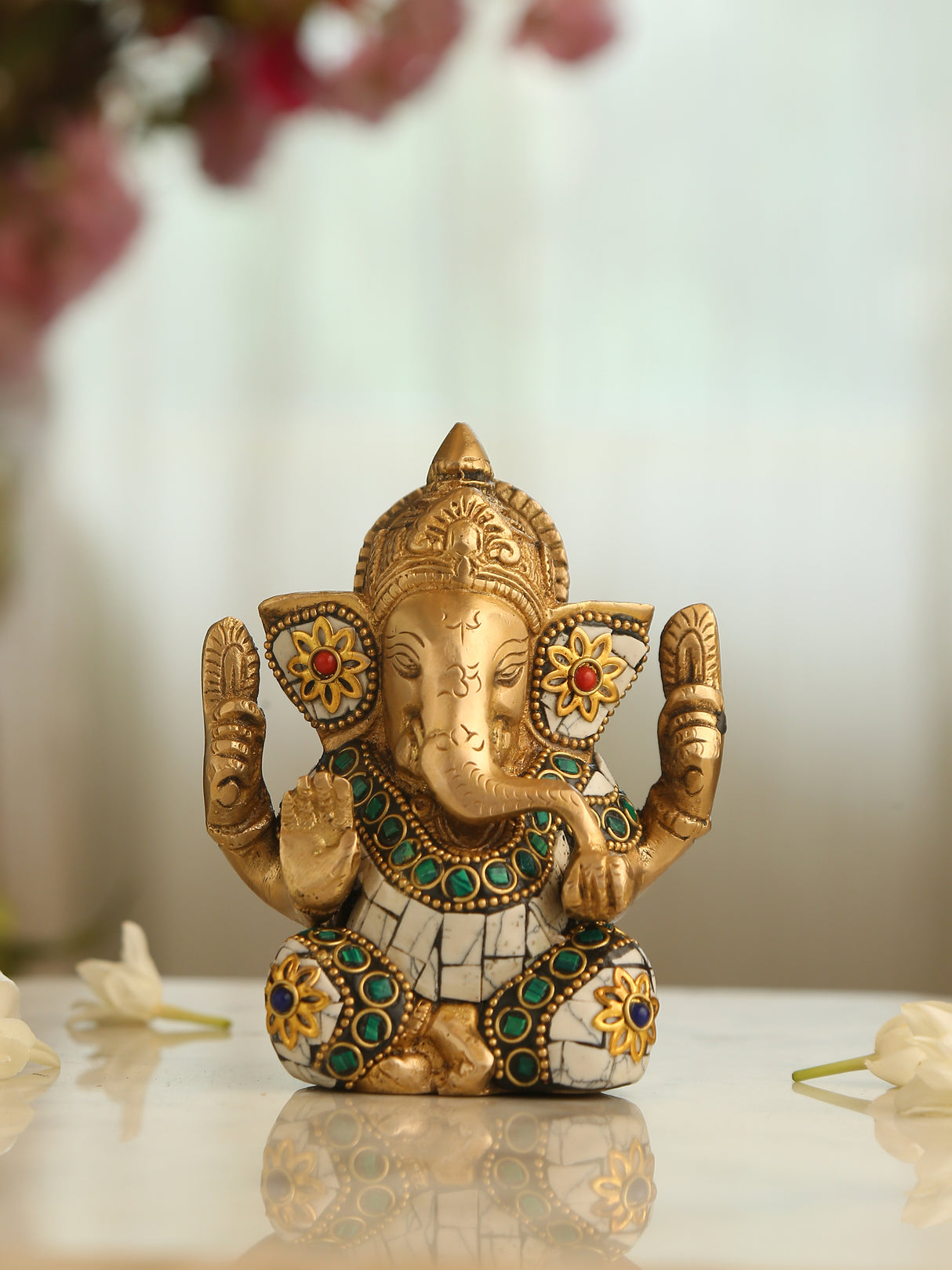 Brass Statue - Ganesha In White Stone Details