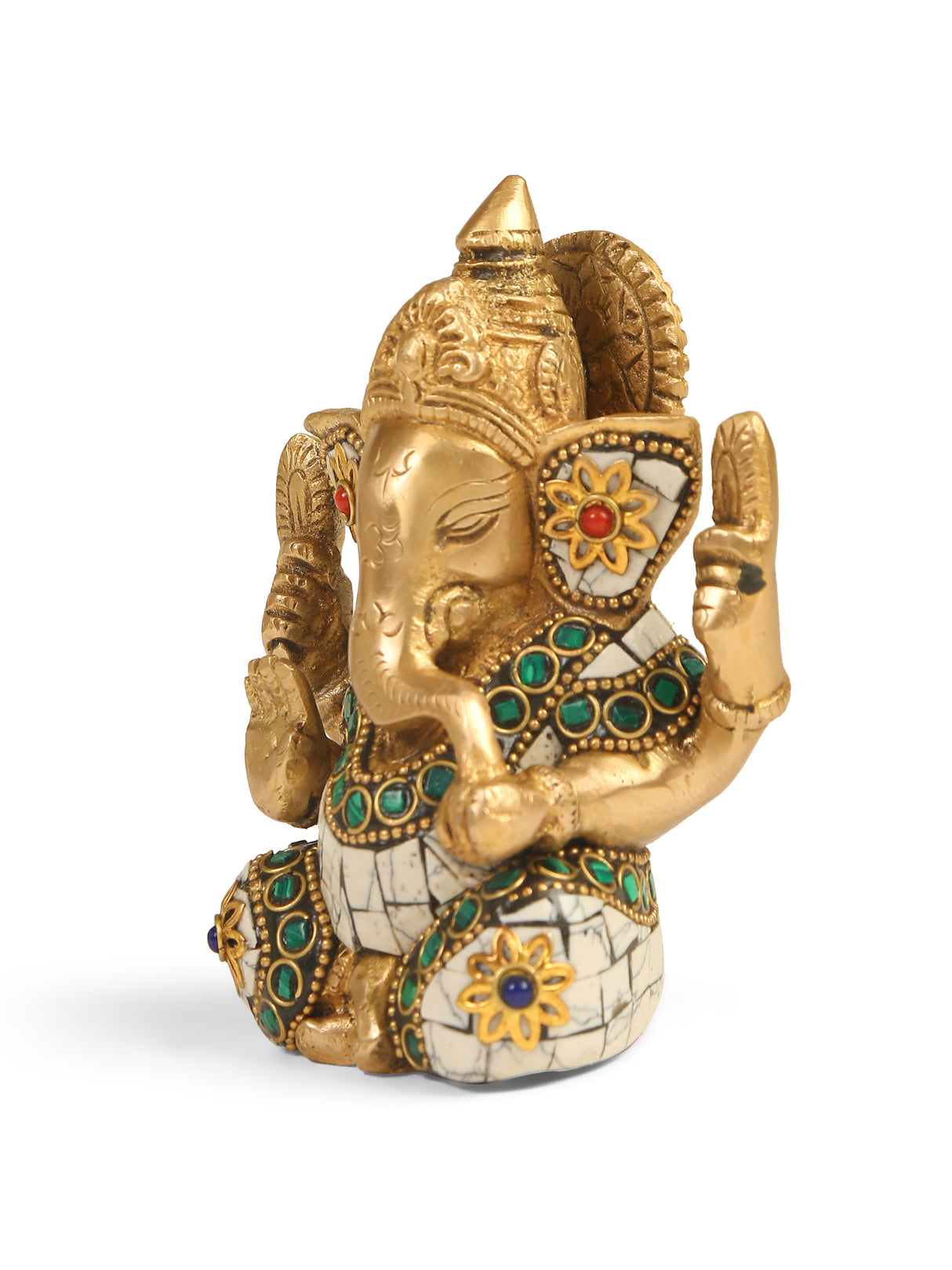 Brass Statue - Ganesha In White Stone Details