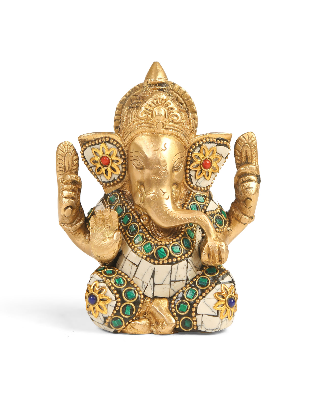 Brass Statue - Ganesha In White Stone Details