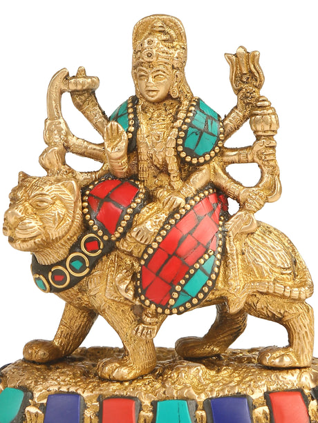 Durga Ma antique statue with stone embellishments in brass.