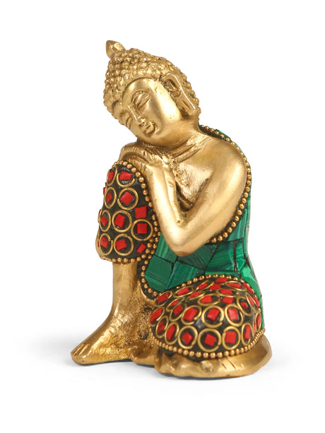 Antique finish Buddha statue in brass with vibrant stone work, reflecting the serene state of Nirvana.