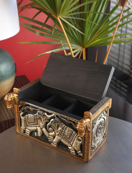 Home Decor Accent - Antiquity Rustica Collective – Open Wooden Carving Box in Gold & Silver