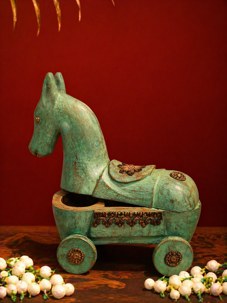 Wooden distressed Horse on wheels with Storage for Trinkets