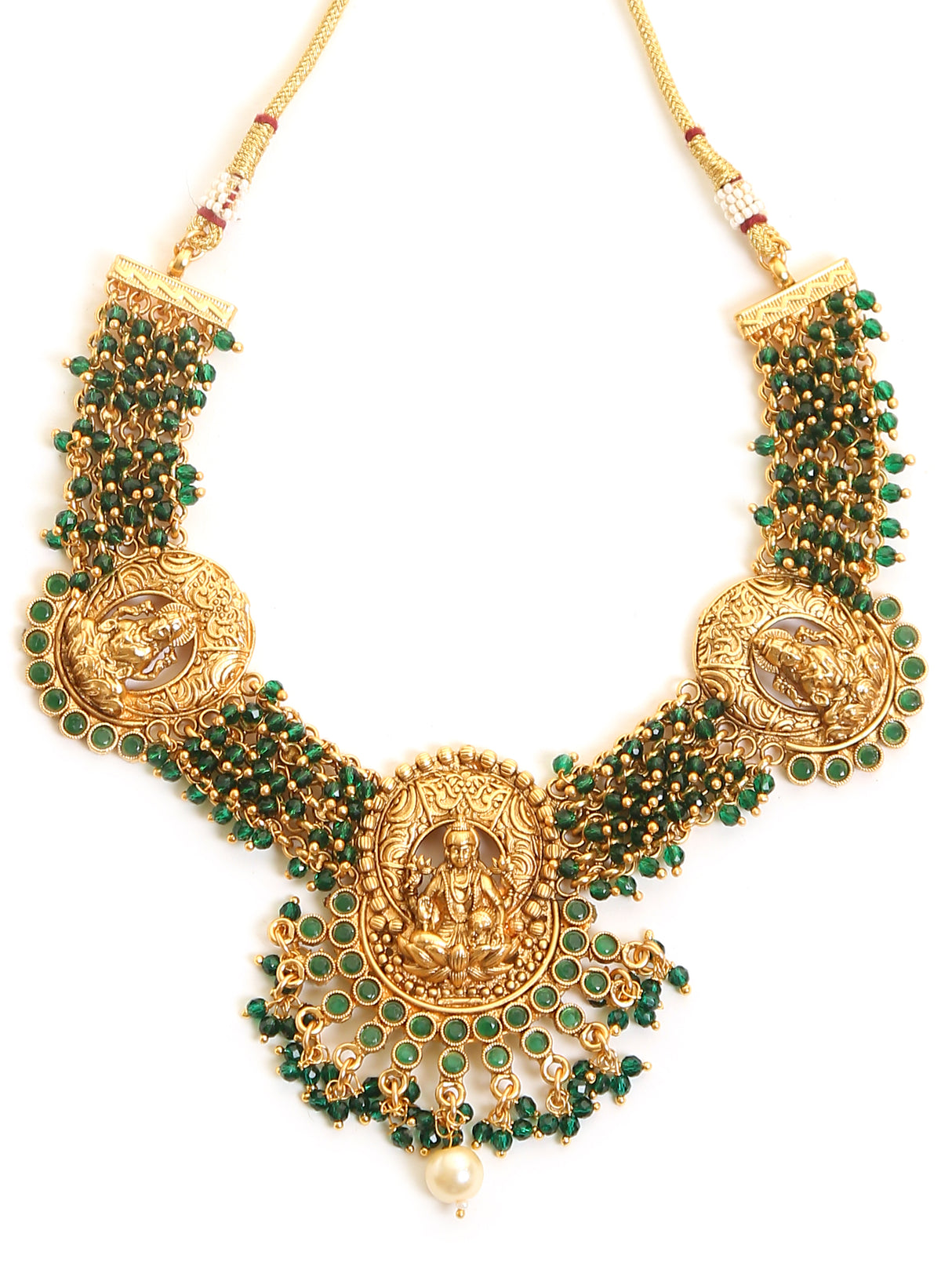 Laxmi temple necklace with green glass beads