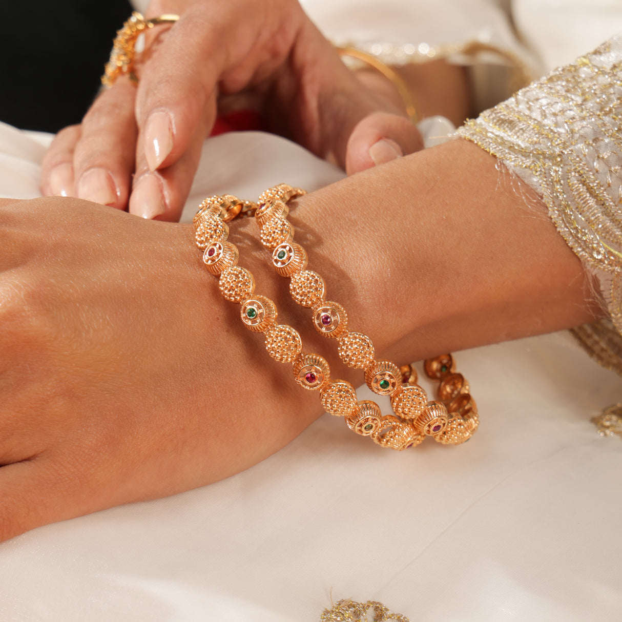 Ziya Ruby Emerald Textured Gold Bangles