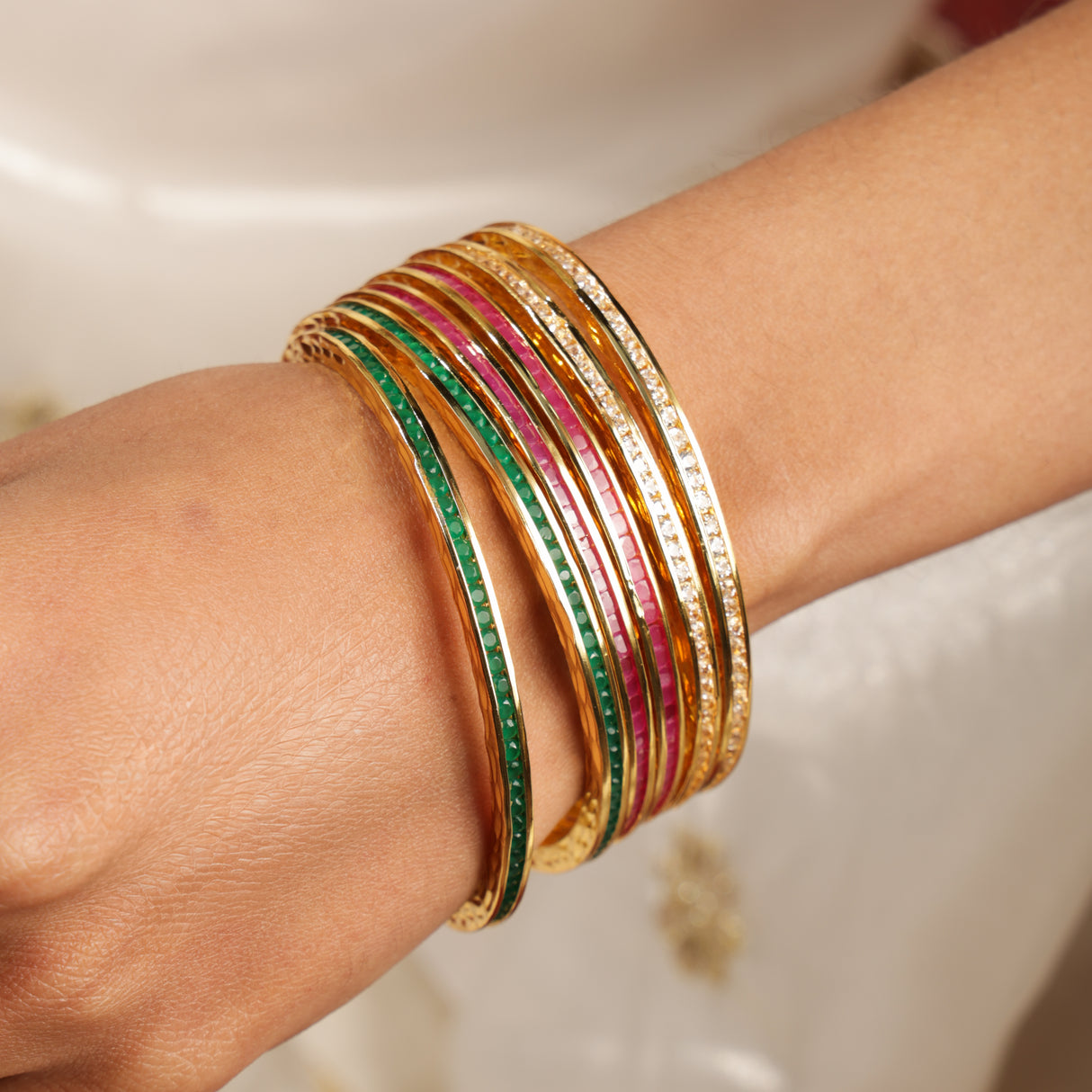 Mahin Ruby Emerald Stone Line Bangles Set
