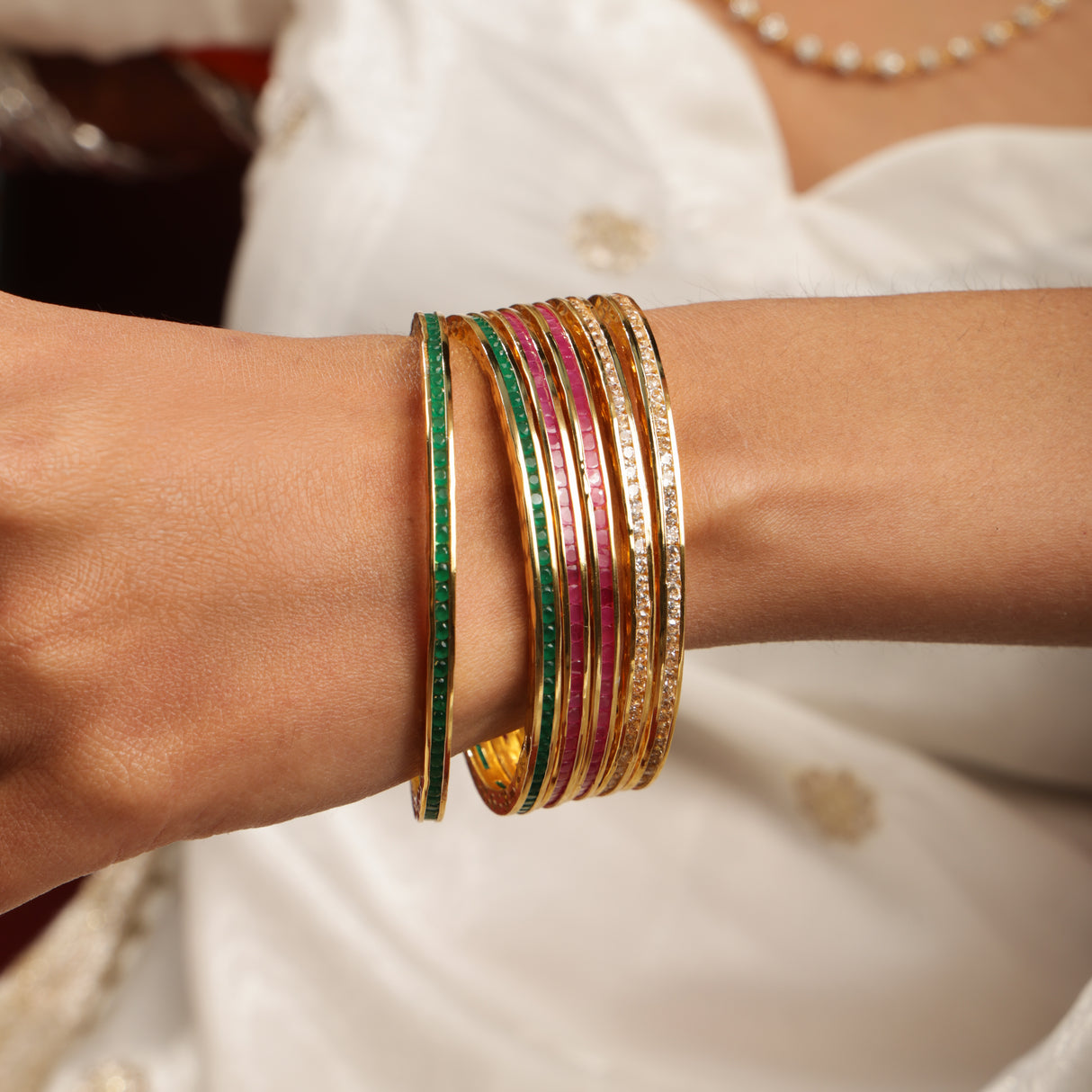 Mahin Ruby Emerald Stone Line Bangles Set