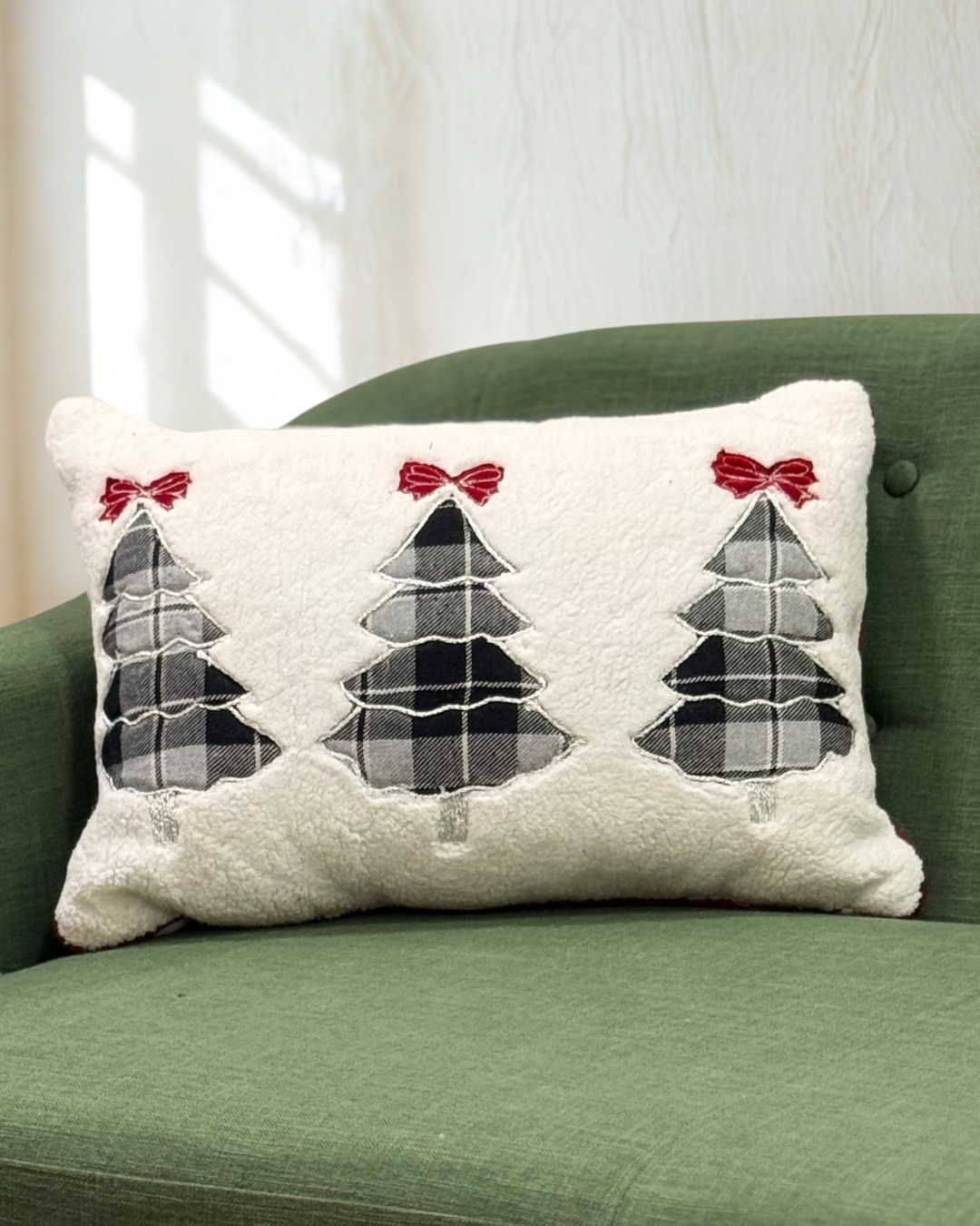 Three plaid Christmas trees with red bows Cushion -Filled