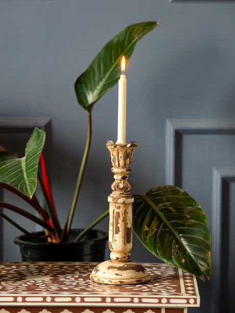 Handcrafted rustic wooden candle holder with grey patina finish.