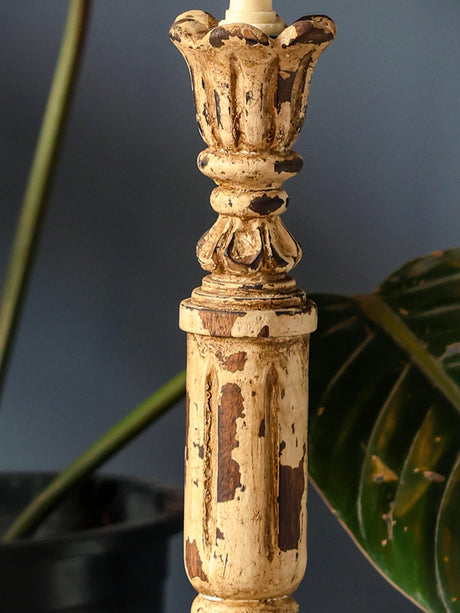 Cottage-inspired wooden candle holder in rustic grey patina with vintage charm.