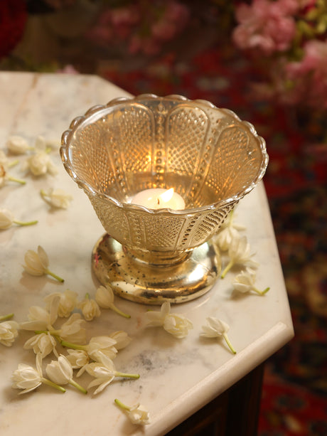 Silver mercury glass decorative bowl with pedestal base.