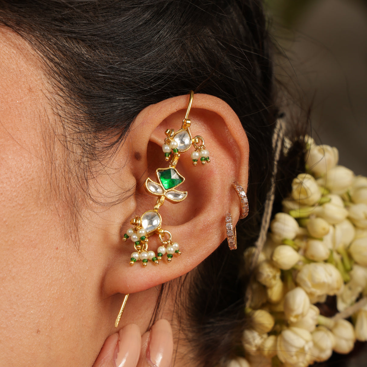 Emerald Polki Floral Ear Cuff