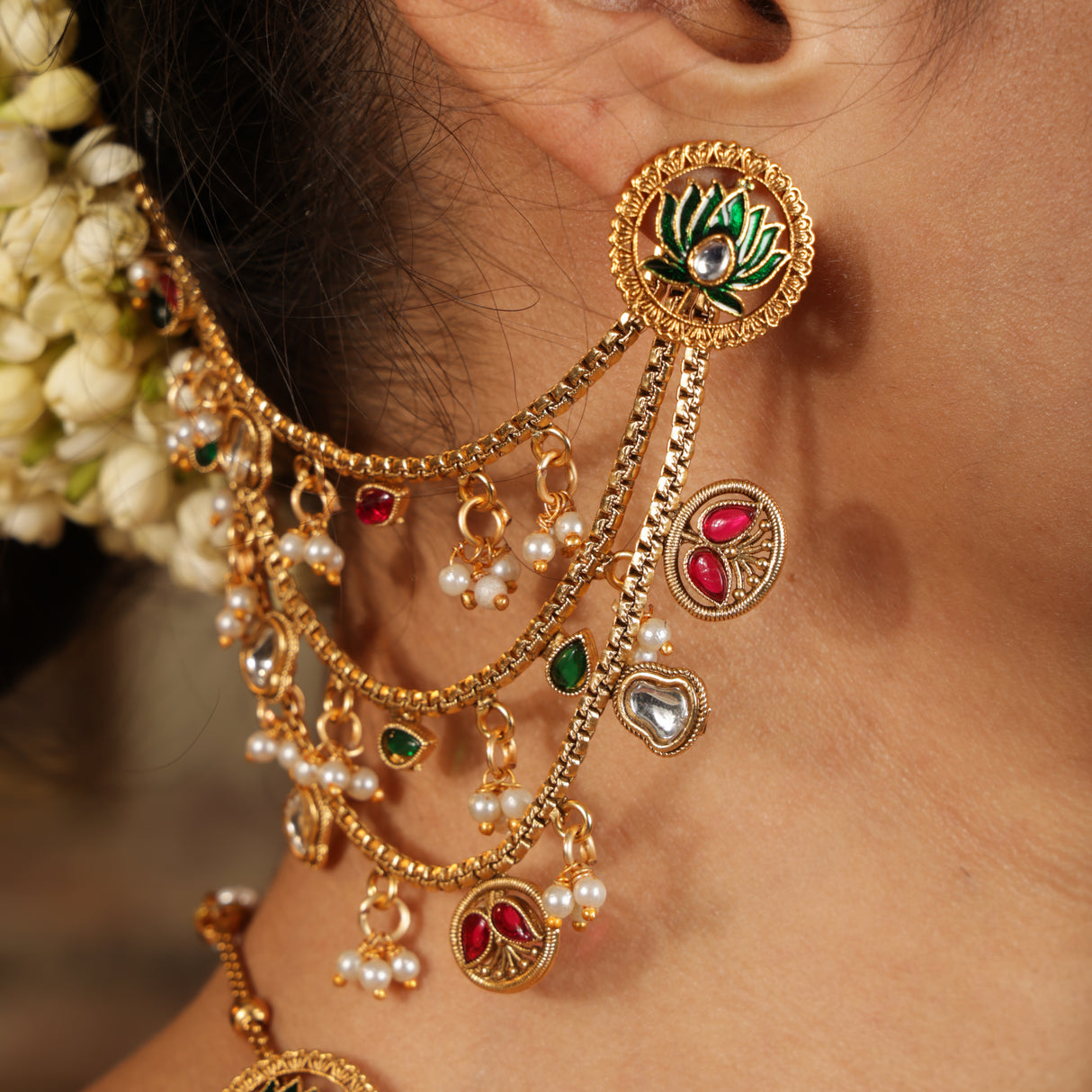 Royal Polki Ruby Pearl Ear Chain