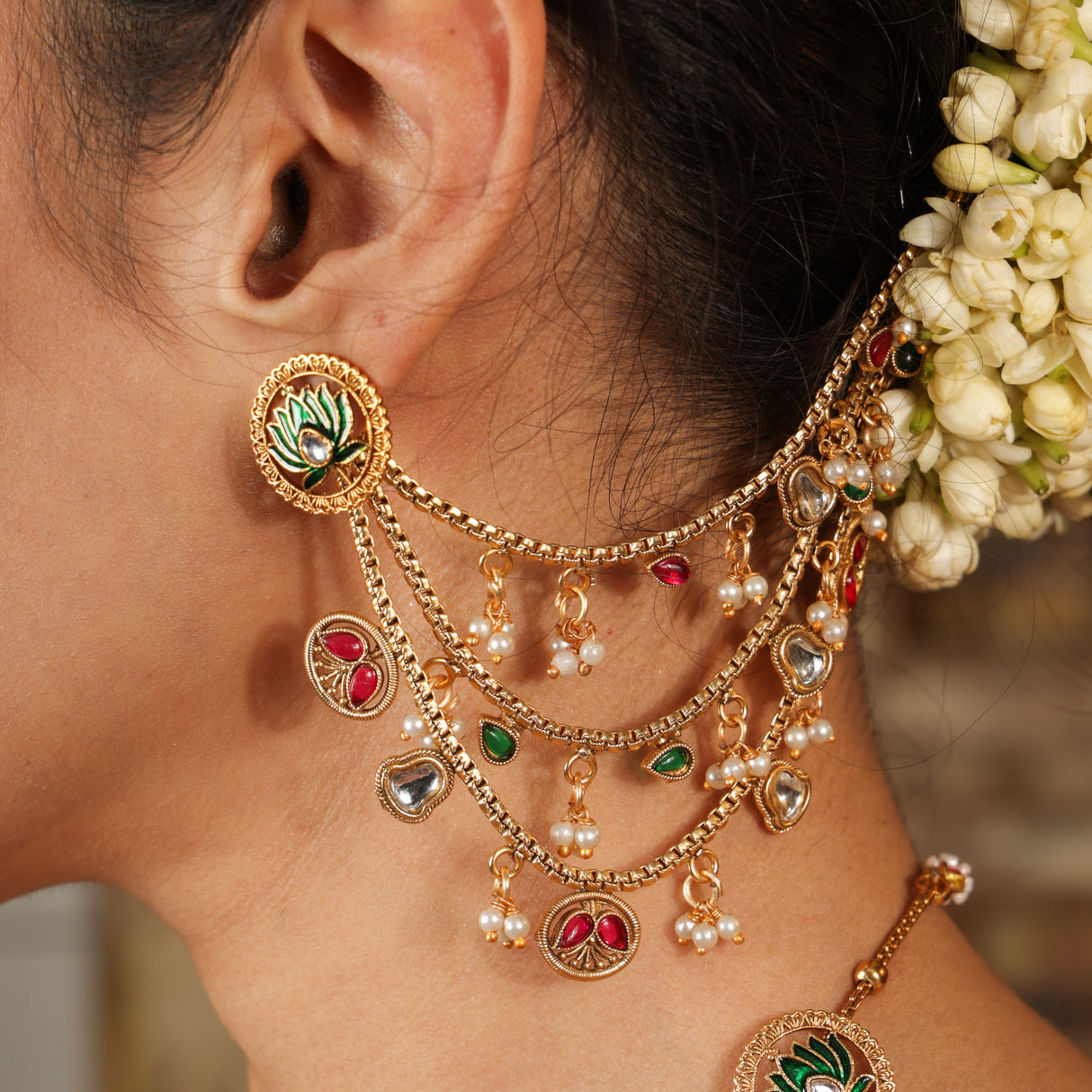 Royal Polki Ruby Pearl Ear Chain