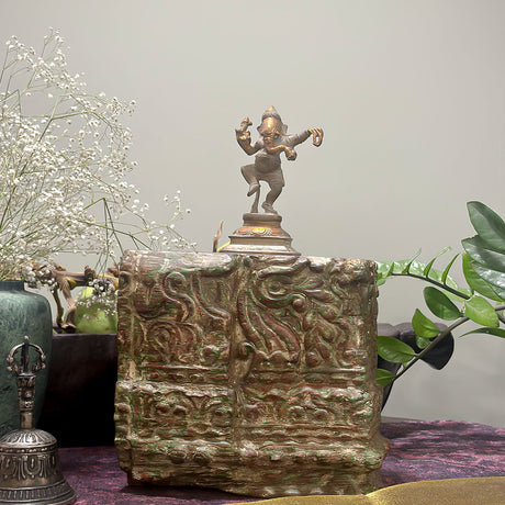 Home Decor Accent - Carved Wooden box with a dancing Ganesha statue