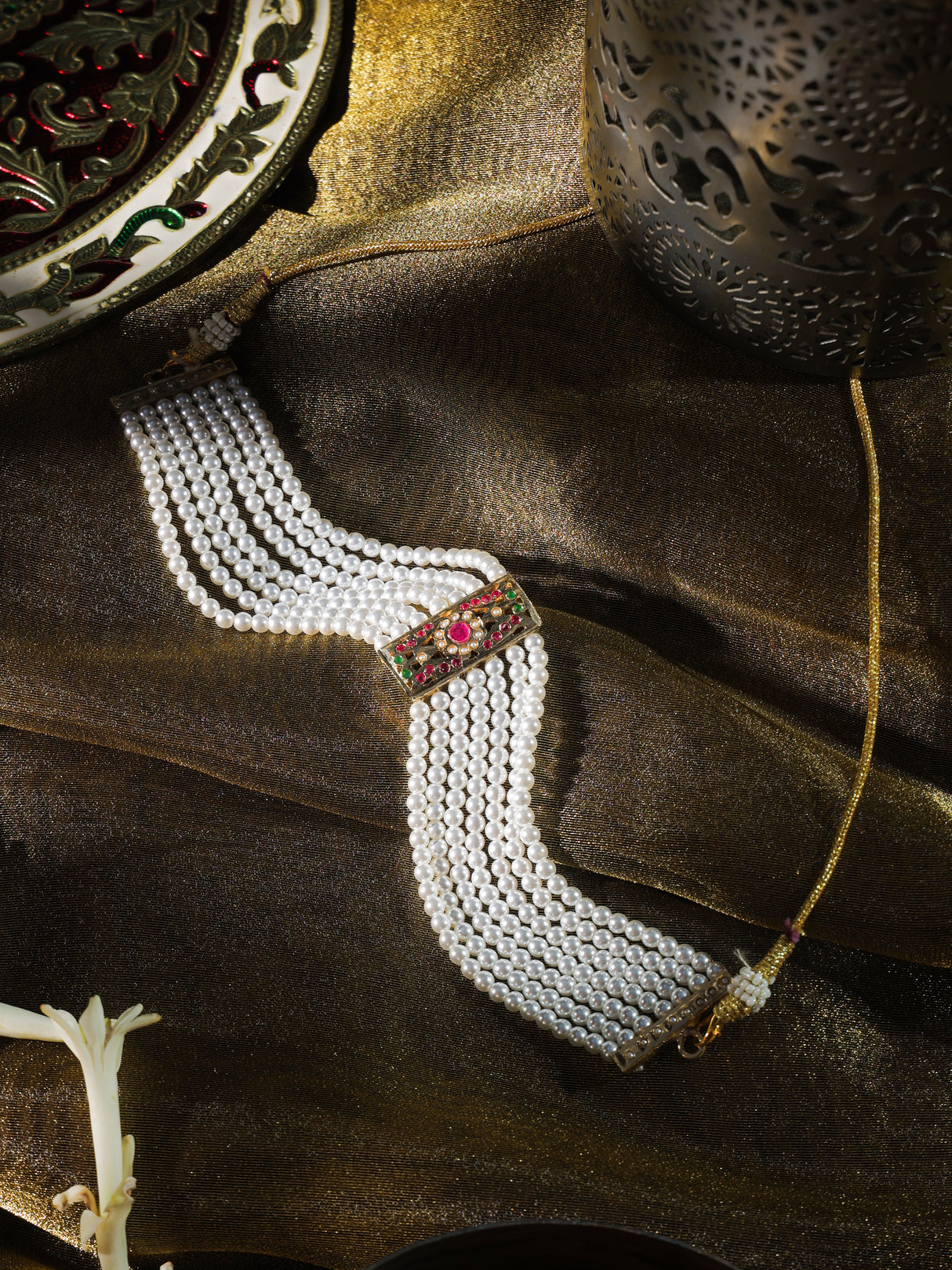 Bela Elegant Pearl Choker with Jadau gold plated pendant