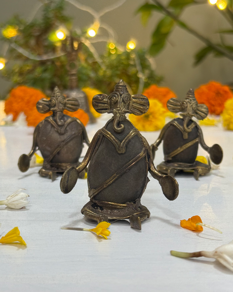Antique brass Musician Ganesha Dhokra art ensemble handcrafted tribal decor.