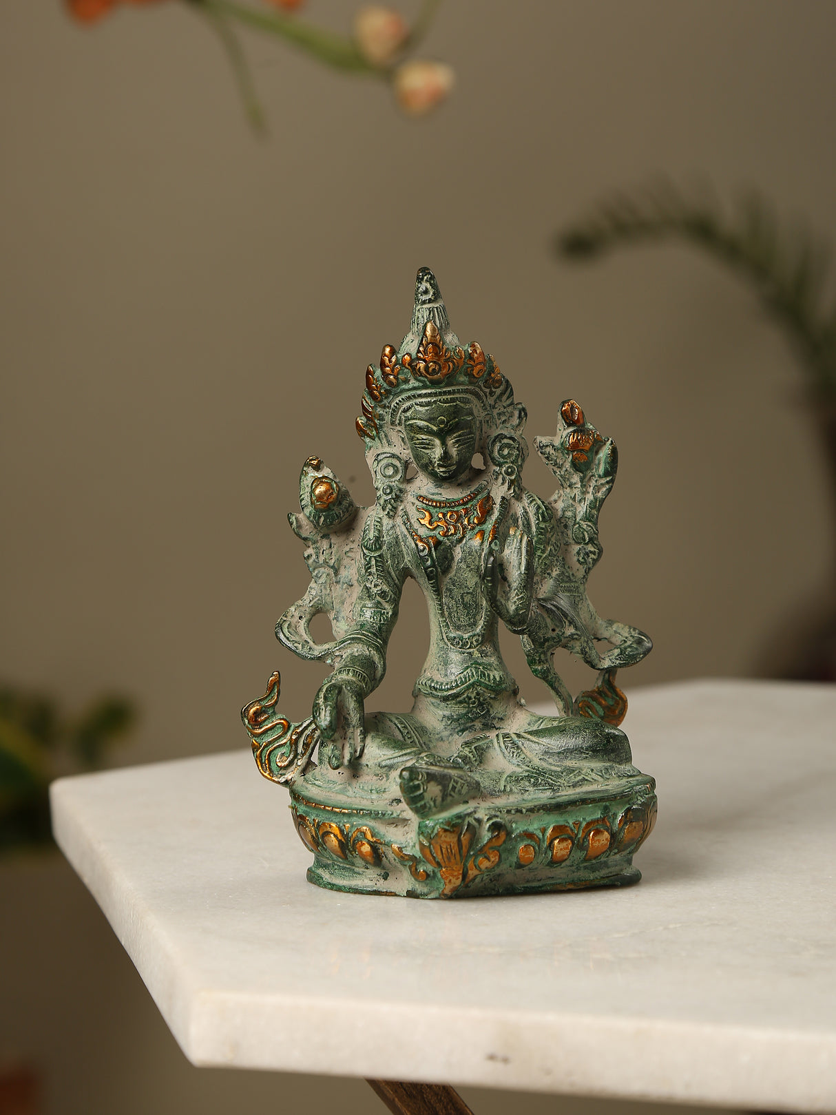 Tara Devi in Brass with Green stone finish