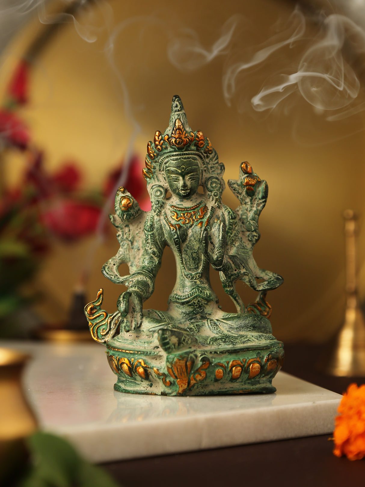Tara Devi in Brass with Green stone finish