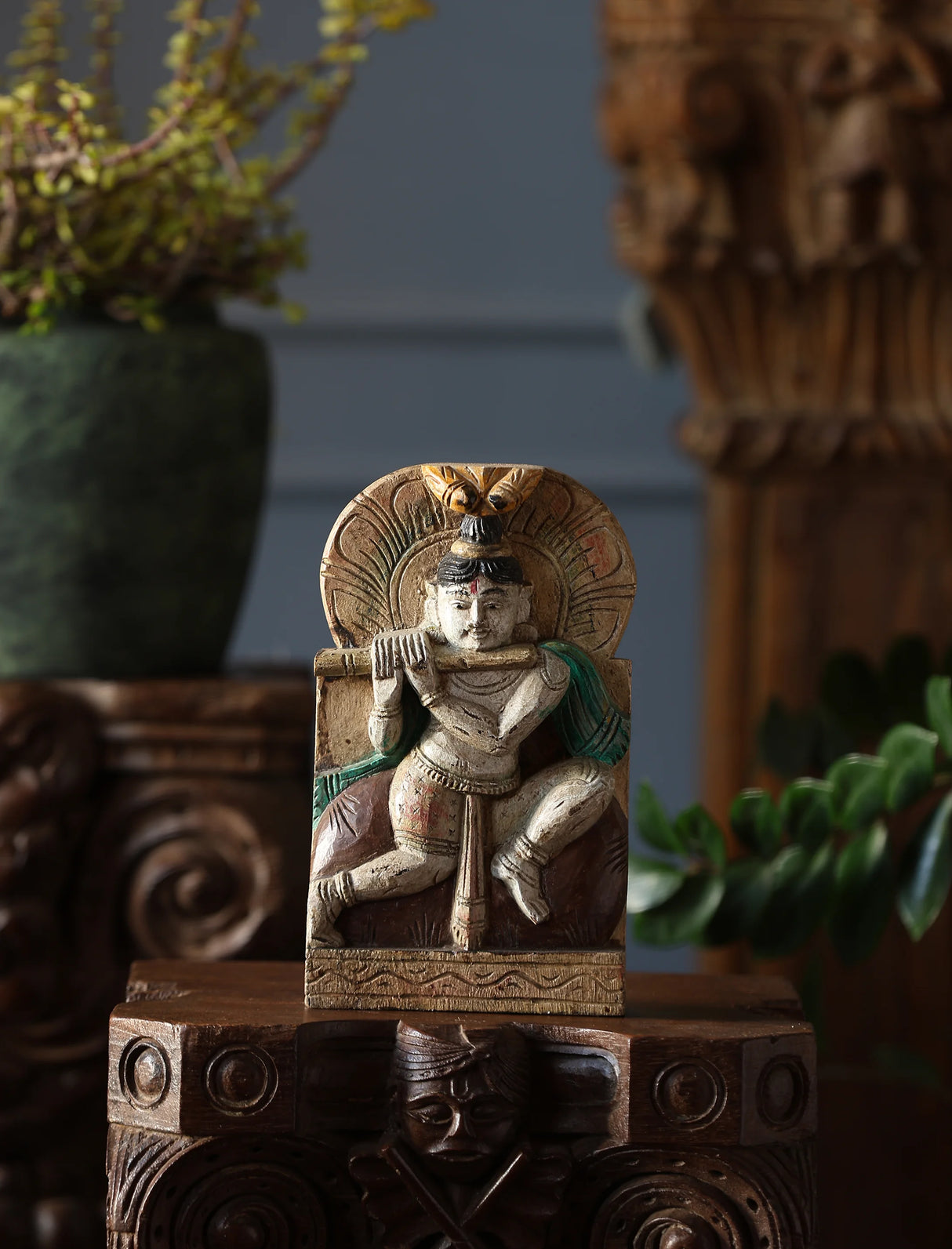 Wooden Whisper - Krishna Carved Rustic Finish