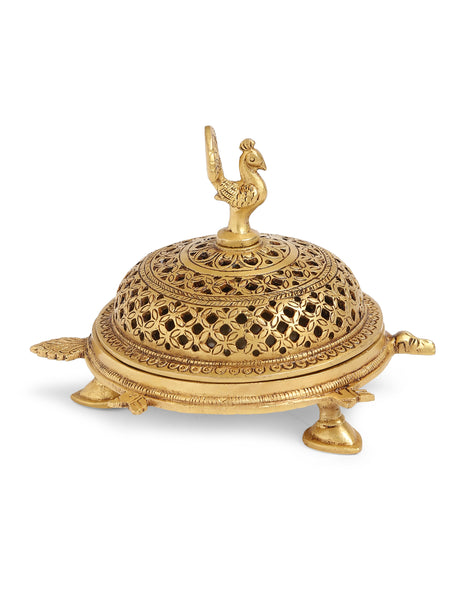 Brass peacock dhoop dani with tortoise base