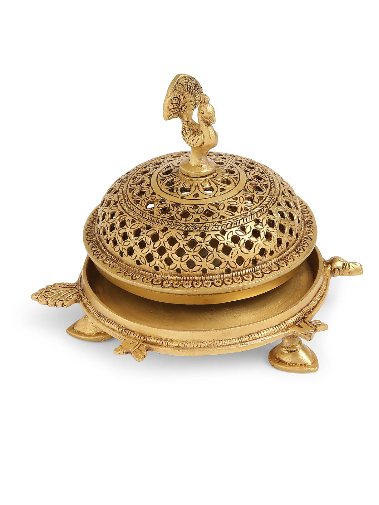 Dhoop Dani - Brass peacock incense burner with tortoise base