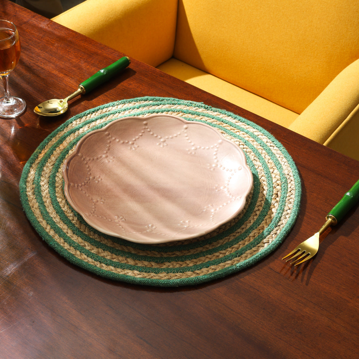Jute and Cotton Braided Placemat -Green and Natural