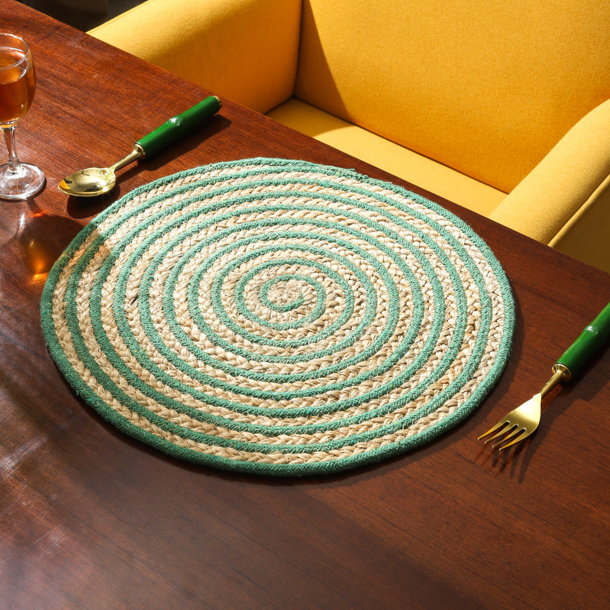 Jute and Cotton Braided Placemat -Green and Natural