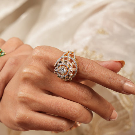 Roya Golden Radiance Diamond Halo Stone Statement Ring