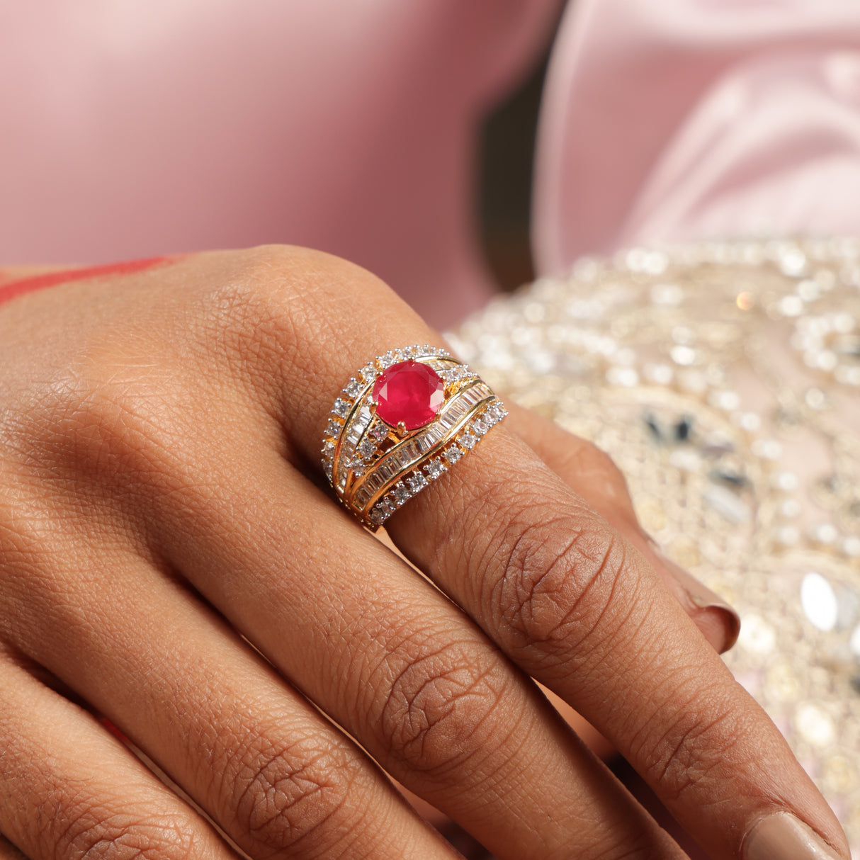 Laleh Regal Ruby Diamond Halo stone Statement Wave Ring