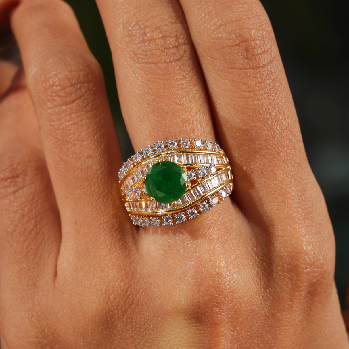 Laleh Regal Green Diamond Halo stone Statement Wave Ring