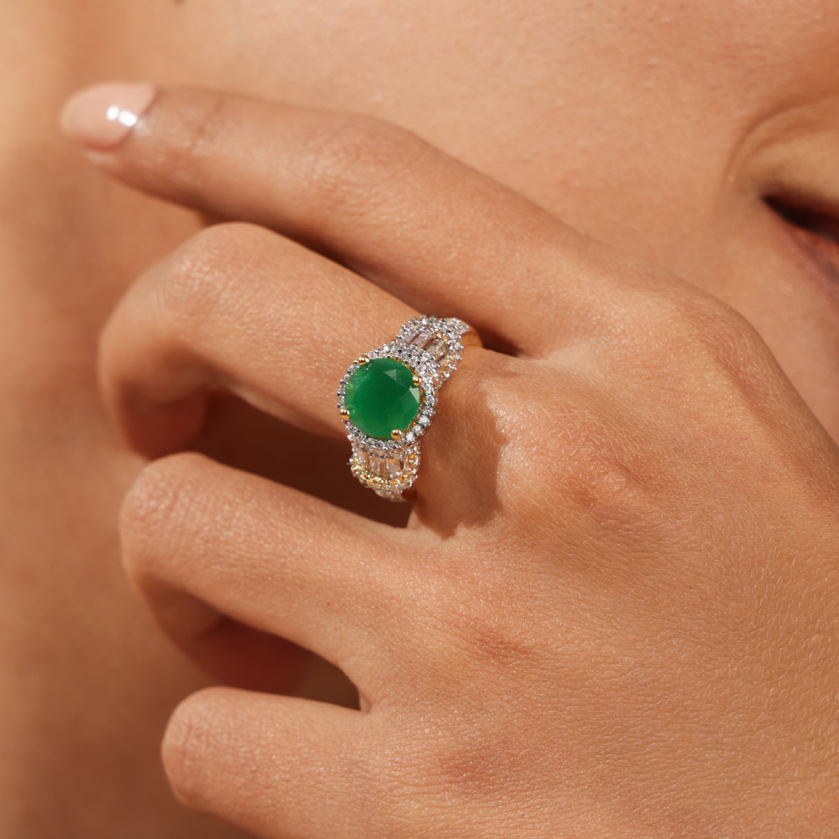 Roya Emerald Glow Diamond Halo stone Statement Ring