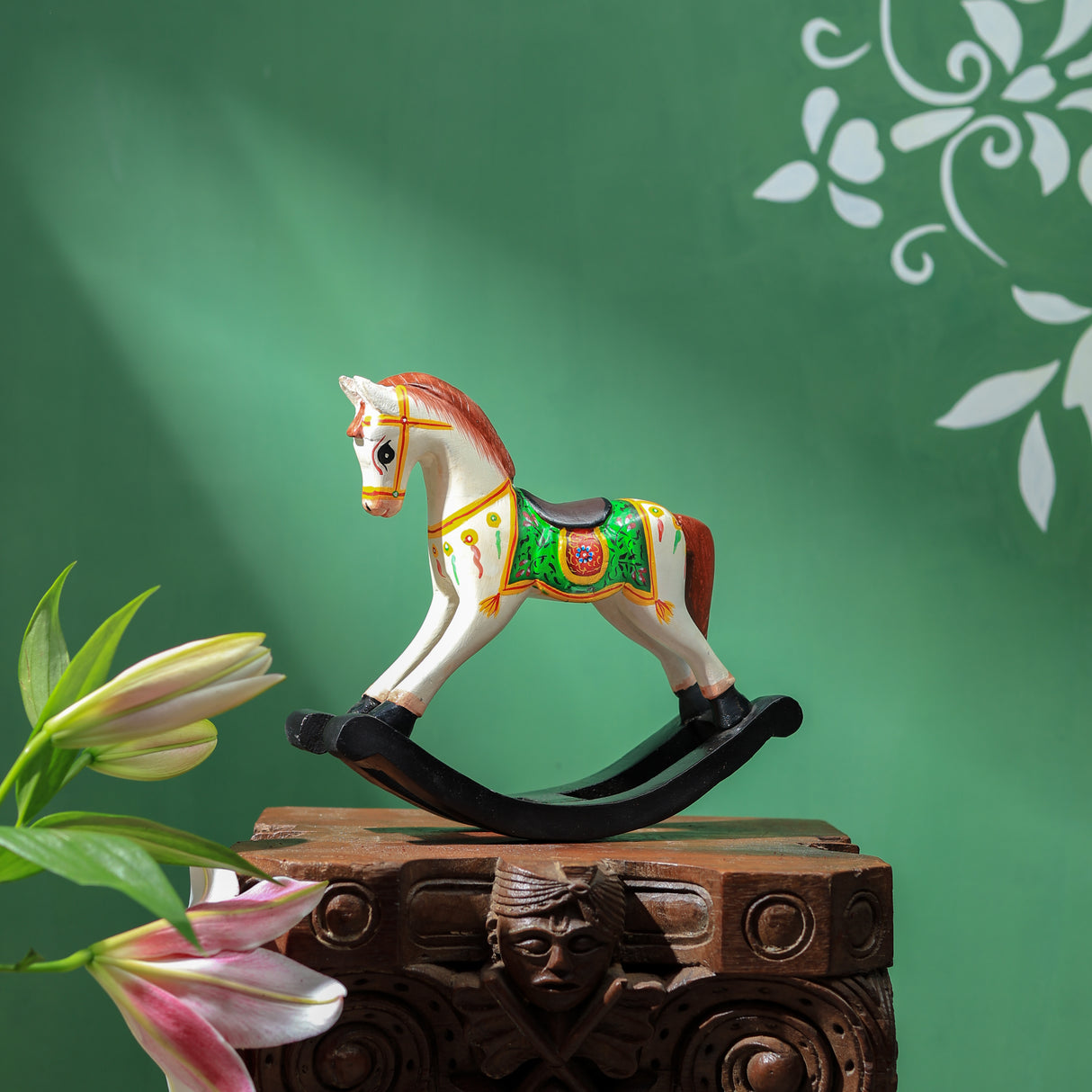 Handcrafted wooden rocking horse - Multicolor