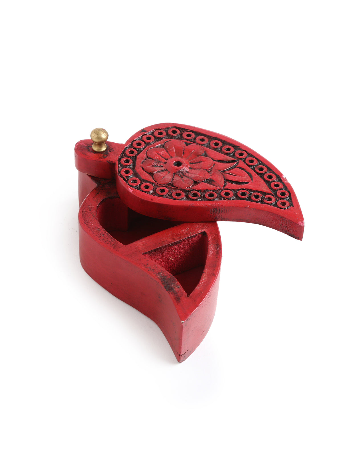 Handcrafted Wooden box with carved flower - Red