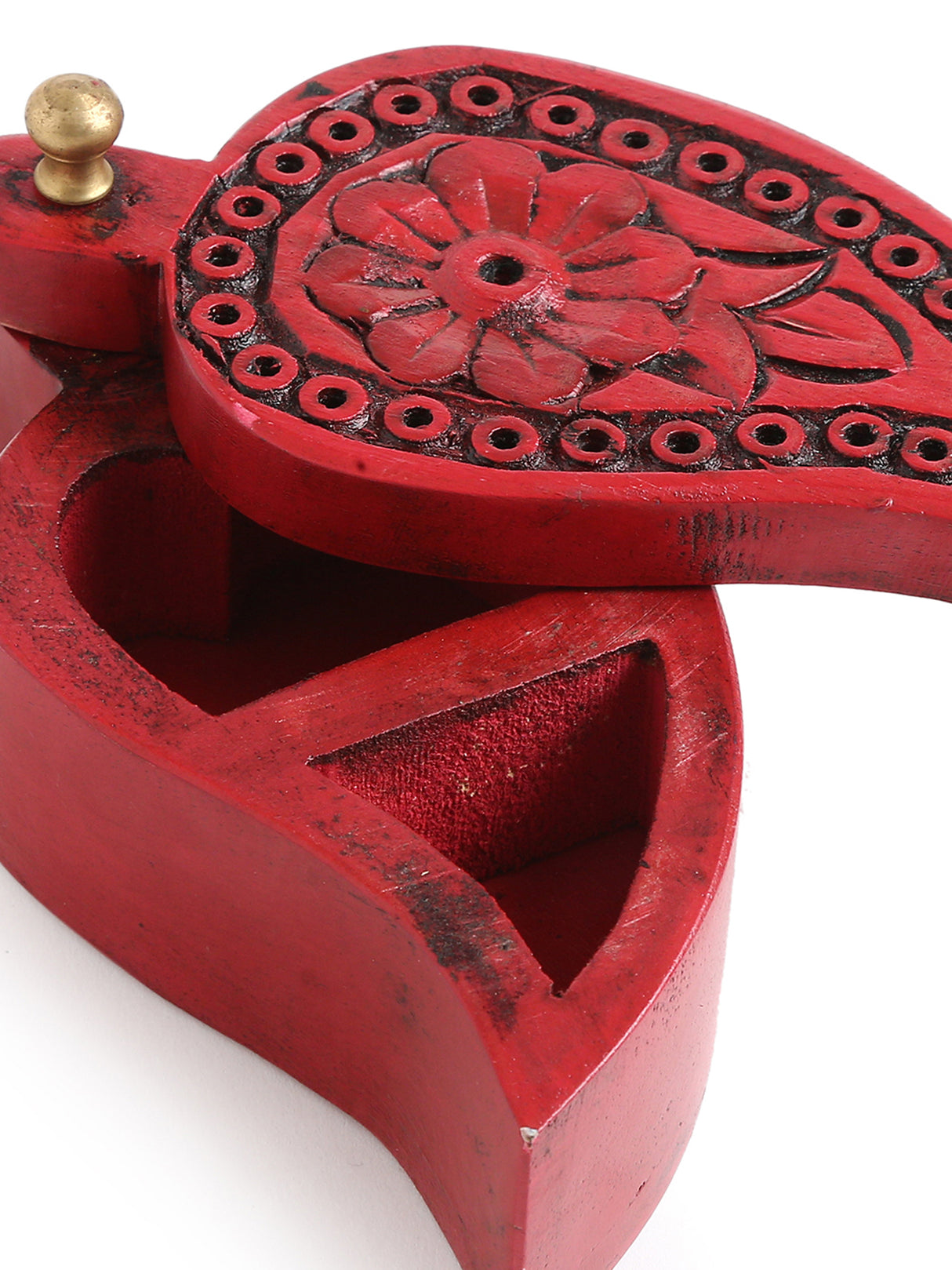 Handcrafted Wooden box with carved flower - Red