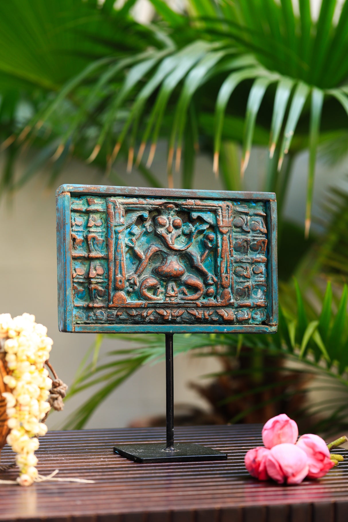 First God-Ganesha vintage finish wooden panel on iron stand