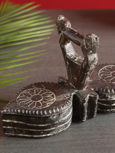 Rustic wooden tikka box in burnt wood tone, handcrafted cultural storage decor