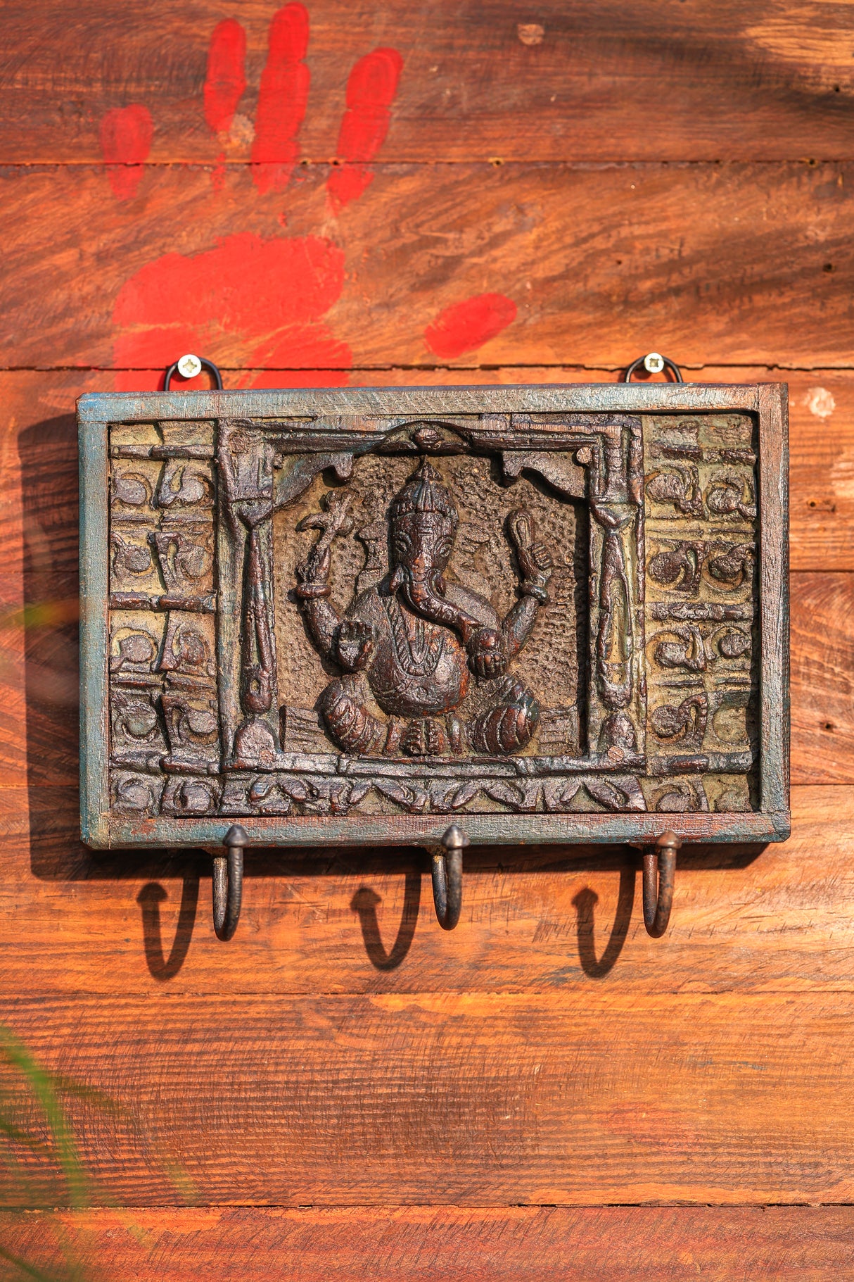 First God-Ganesha wooden panel with hooks in vintage antiq. finish